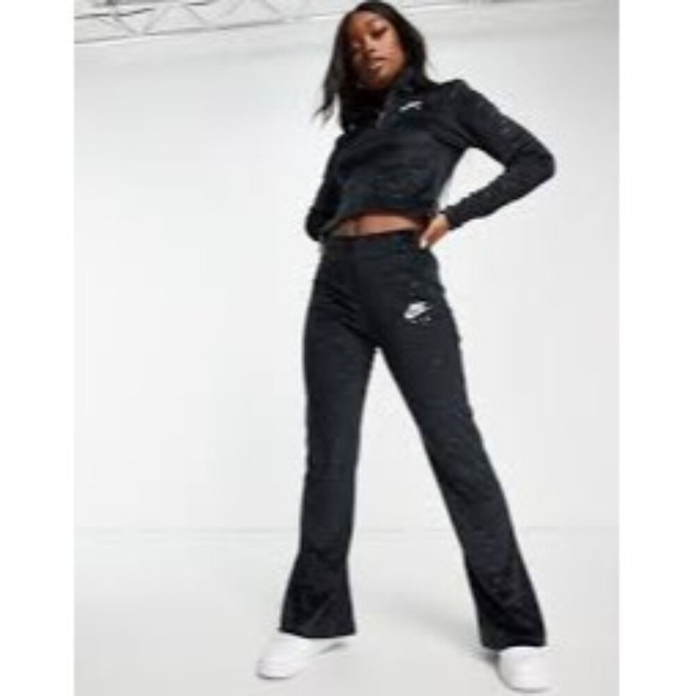 NIKE AIR velour flare trousers in black with all over swoosh Sz M Black